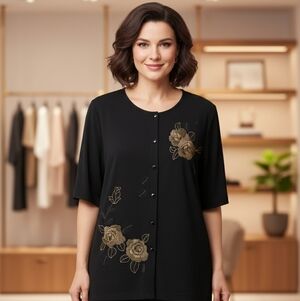 La Madonna, Ladies Size L Black Cardigan with Gold Floral Embroidery